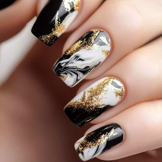 Gilded Elegance Long Square Black and White Marble Press On Nail Set with Sparkling Gold Accents