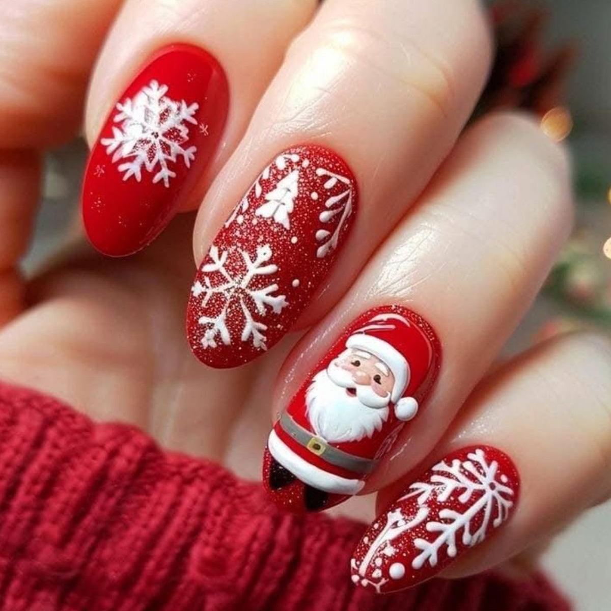 Festive Christmas Long Oval Red Press on Nail Set Featuring Whimsical Santa and Snowflake Designs