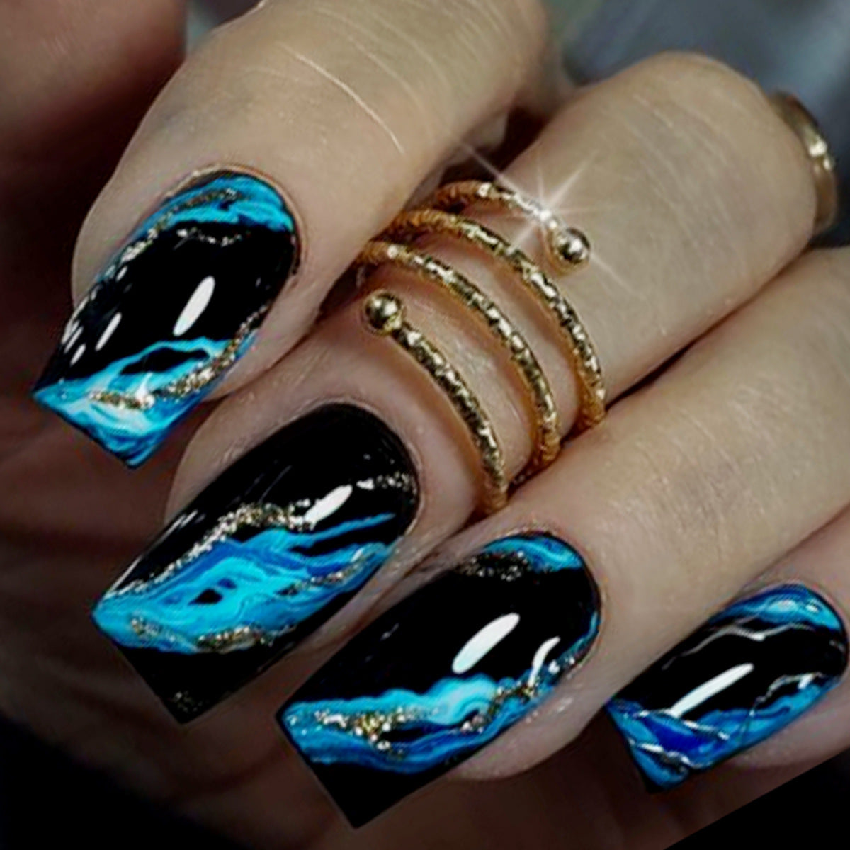 Oceanic Dream Long Square Black and Blue Swirl Press On Nail Set with Gold Accents