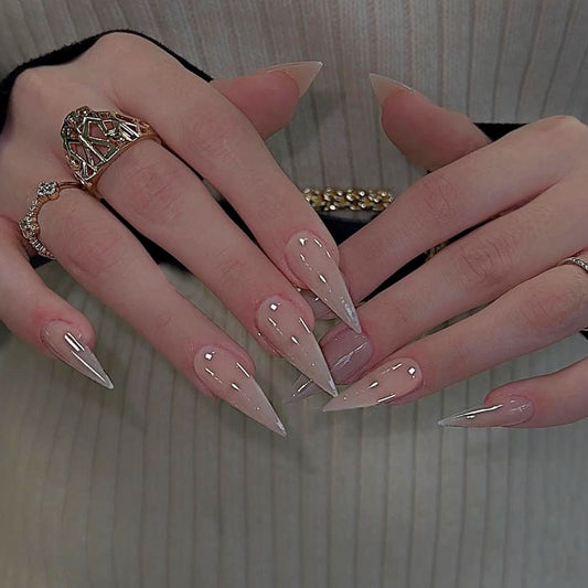 Glamorous Enchantment Long Stiletto Beige Press On Nail Set with Dazzling Gloss Finish