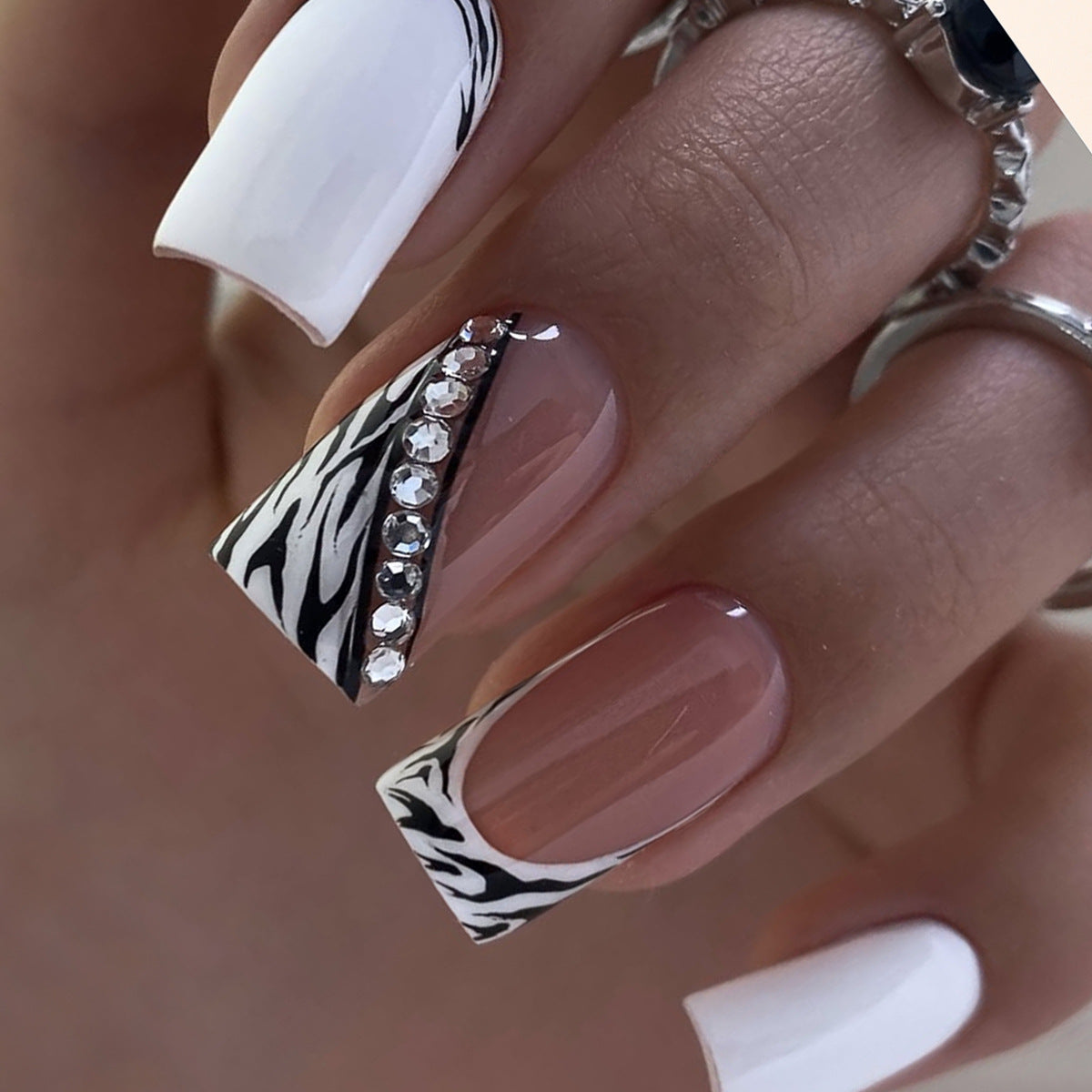 Zebra Glamour Long Square White and Black with Rhinestone Accent Press On Nail Set