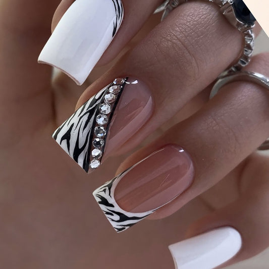 Zebra Glamour Long Square White and Black with Rhinestone Accent Press On Nail Set