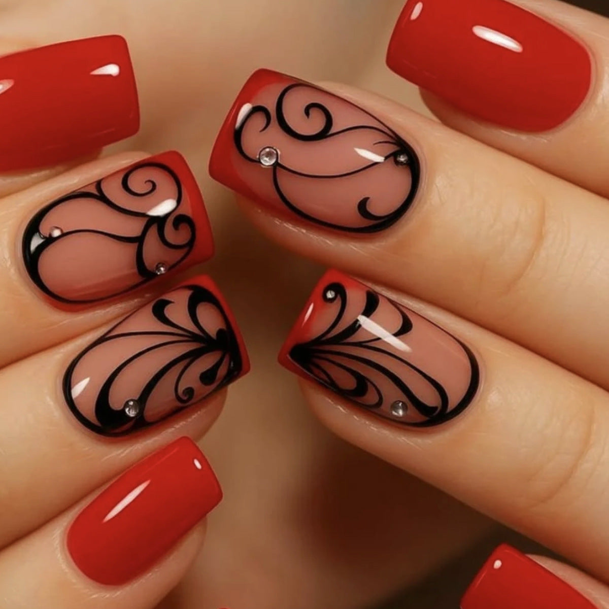 Glamorous Sunset Short Square Red Press On Nails with Elegant Black Swirl Design