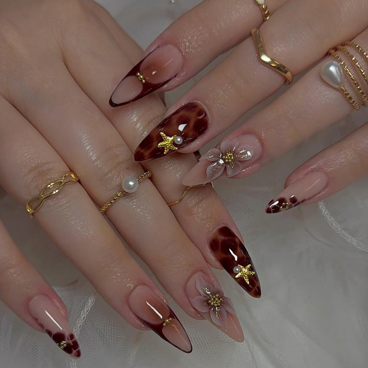 Bohemian Elegance Long Almond Burgundy and Beige with Floral Accents and Gold Embellishments Press on Nail Set
