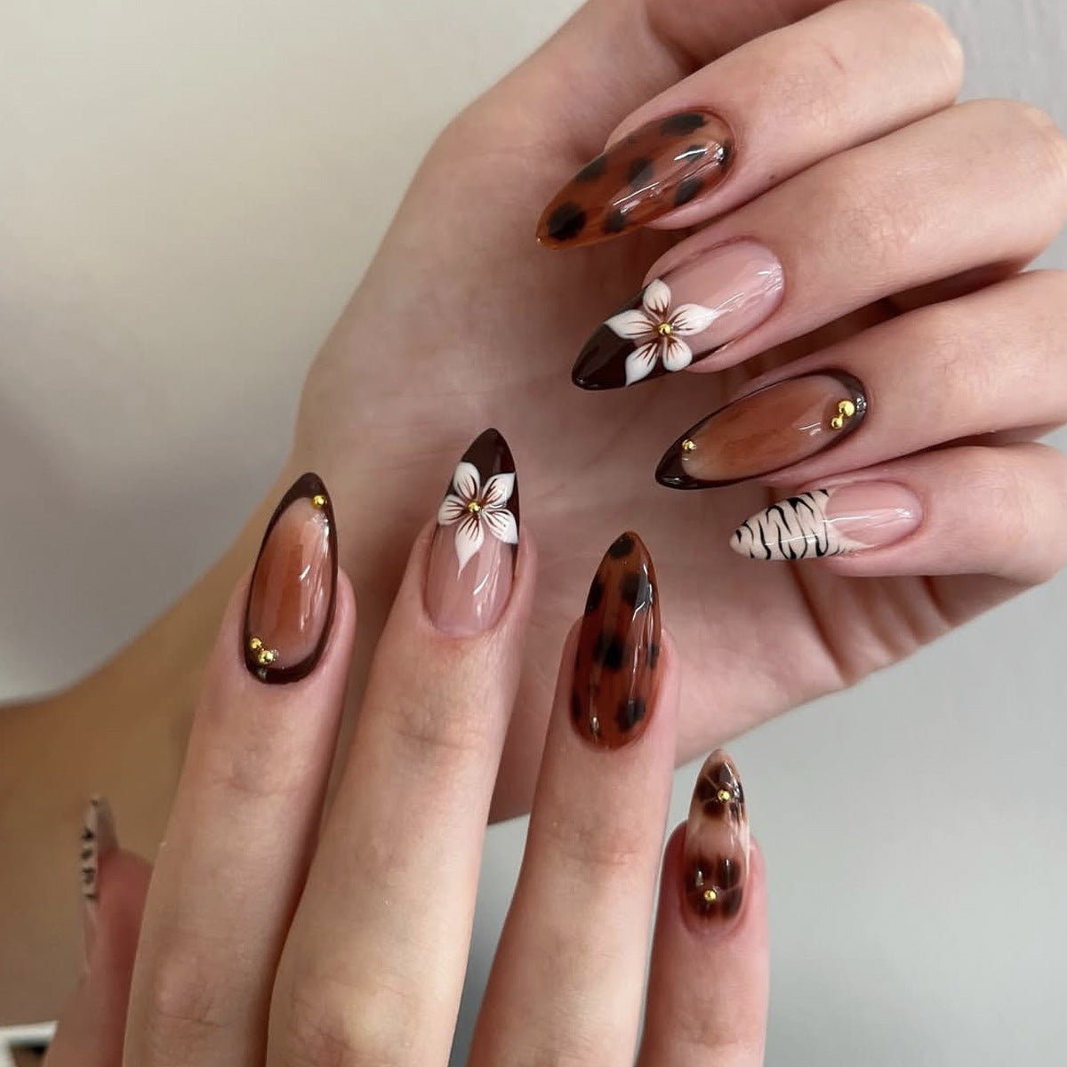 Bohemian Elegance Long Almond Brown Tortoiseshell with Floral Accents Press On Nail Set