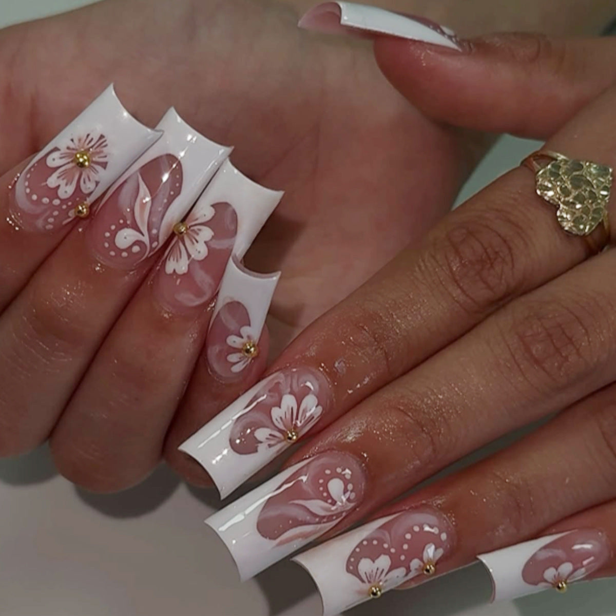 Blossom Elegance Long Square Pink and White Floral Design with Gold Accents Press On Nail Set