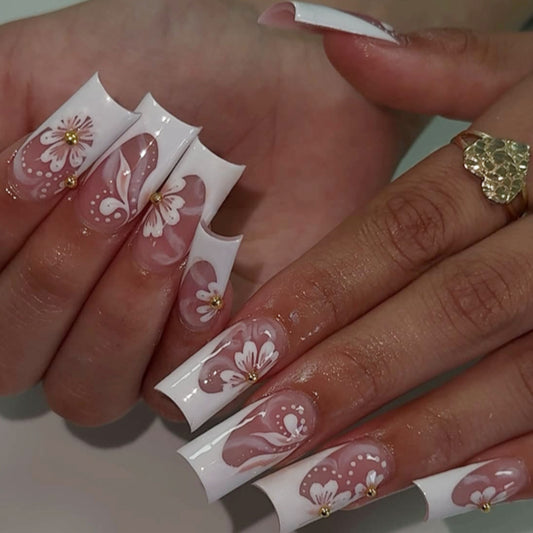 Blossom Elegance Long Square Pink and White Floral Design with Gold Accents Press On Nail Set