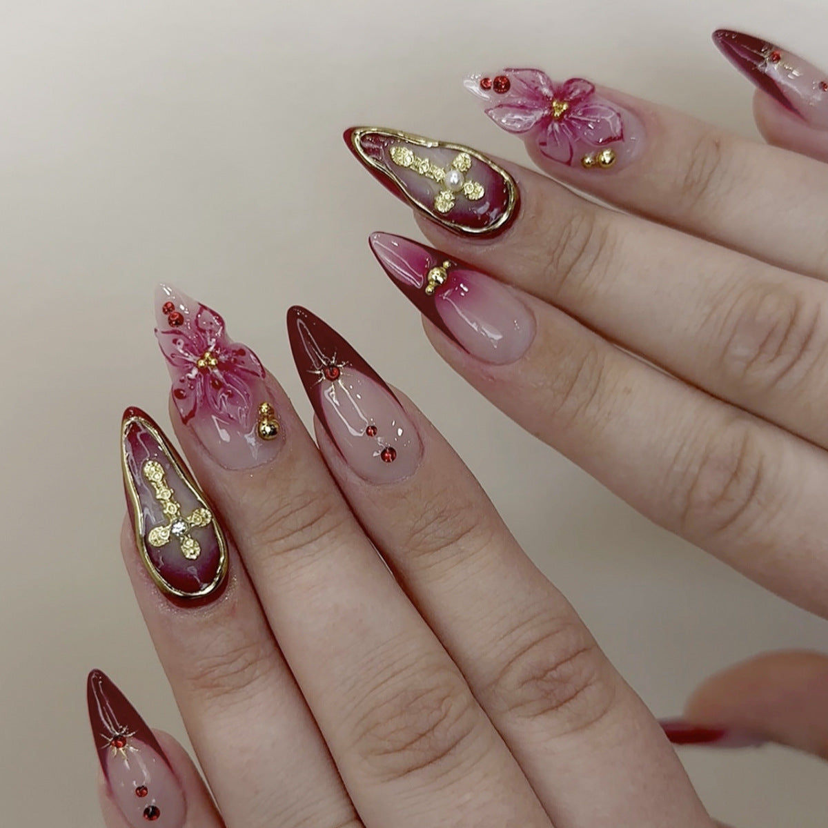 Blossom Elegance Long Almond Pink Red Floral Design Press On Nail Set