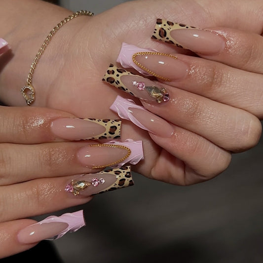 Fierce Safari Long Square Glossy Beige Press On Nail Set with Pink Accent and Glittering Gems
