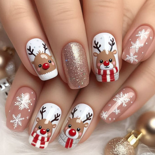 Festive Winter Wonderland Short Square Medium Red and Brown Reindeer Design with Sparkling Glitter