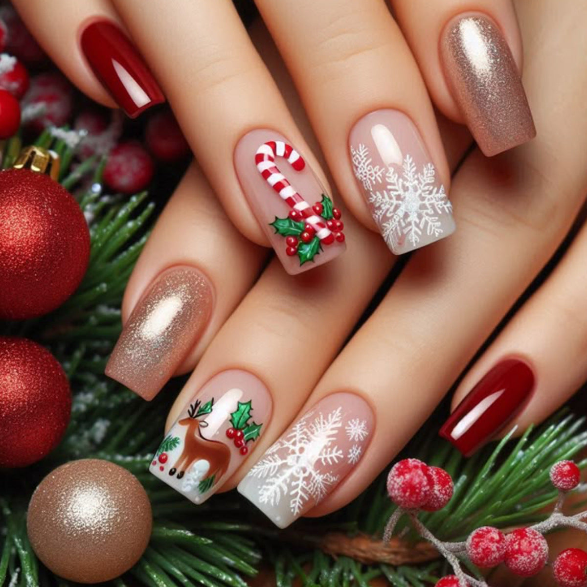 Festive Winter Wonderland Medium Square Burgundy and Glittering Gold with Candy Cane and Snowflake Designs Press On Nail Set