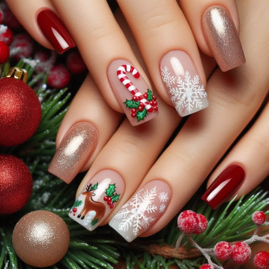 Festive Winter Wonderland Medium Square Burgundy and Glittering Gold with Candy Cane and Snowflake Designs Press On Nail Set