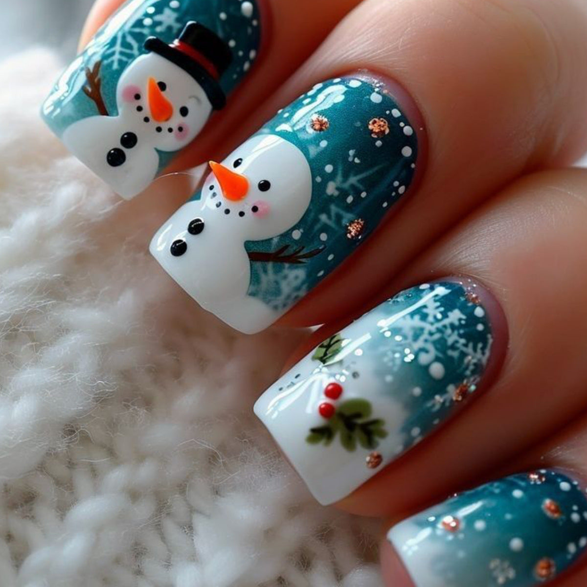 Winter Wonderland Glamour Medium Square Aqua with Snowman and Snowflake Art