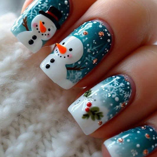 Winter Wonderland Glamour Medium Square Aqua with Snowman and Snowflake Art