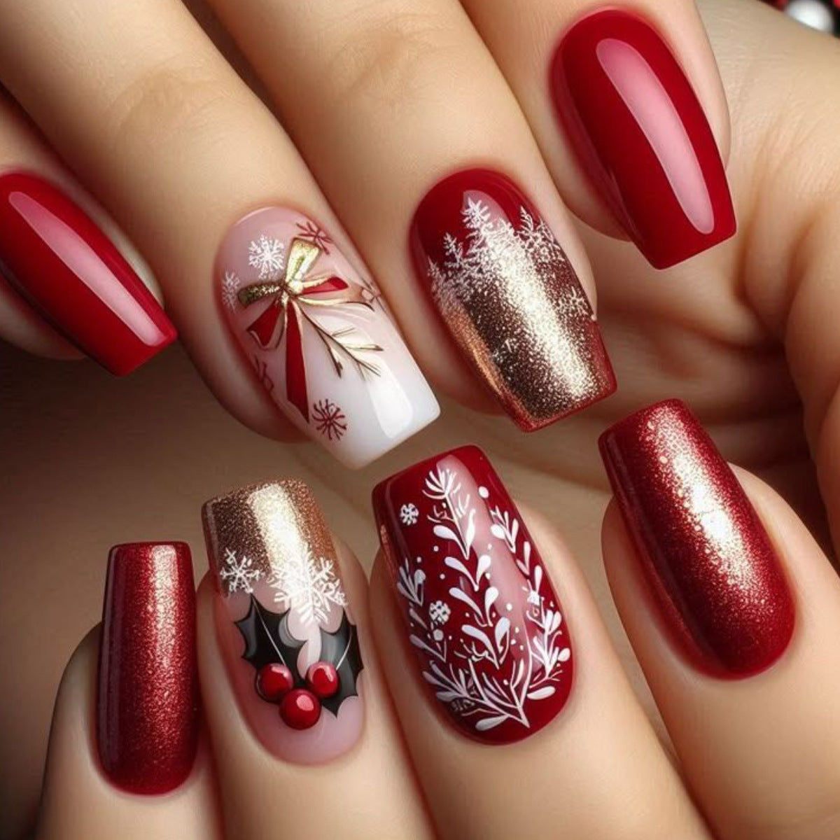 Festive Elegance Long Square Red with Glitter and Holiday Design Press On Nail Set