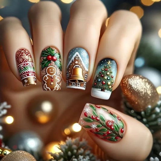 Festive Holiday Charm Long Square Red and Green Artistry with Whimsical Christmas Designs Press On Nail Set