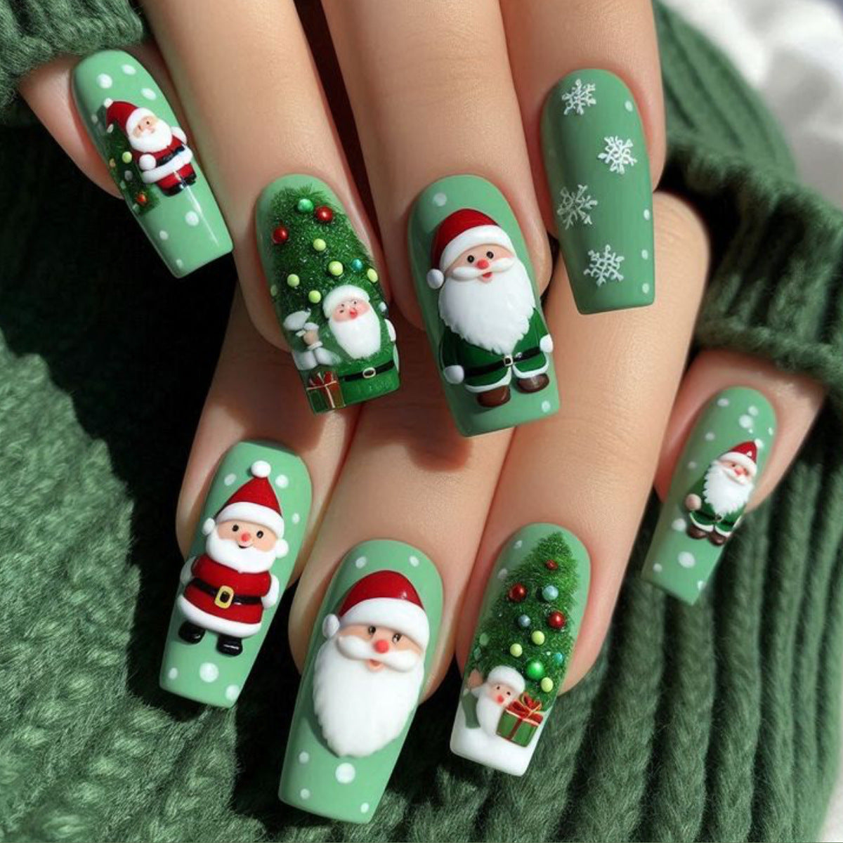 Festive Delight Long Square Green Christmas Themed Nail Set with Santa and Snowflake Designs