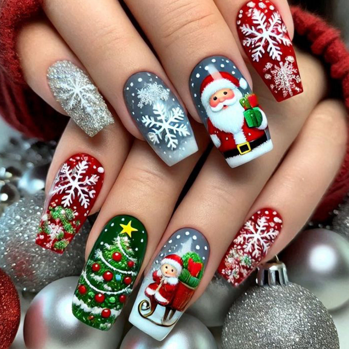 Festive Winter Wonderland Long Square Red Green Gray With Charming Christmas Characters Press on Nail Set
