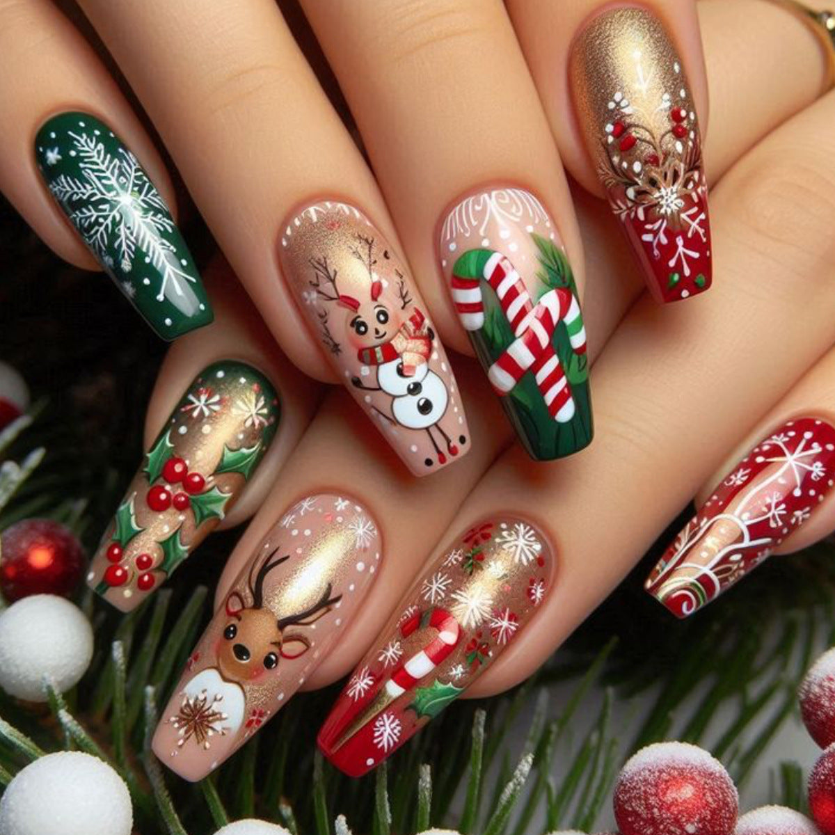 Festive Holiday Long Coffin Green and Red Long Lasting Press On Nail Set with Unique Winter Wonderland Designs