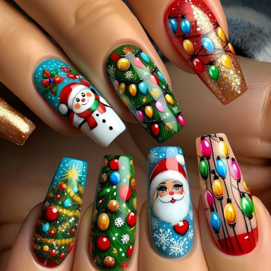 Festive Delight Long Square Green Red Blue Glamorous Holiday Design Press On Nail Set