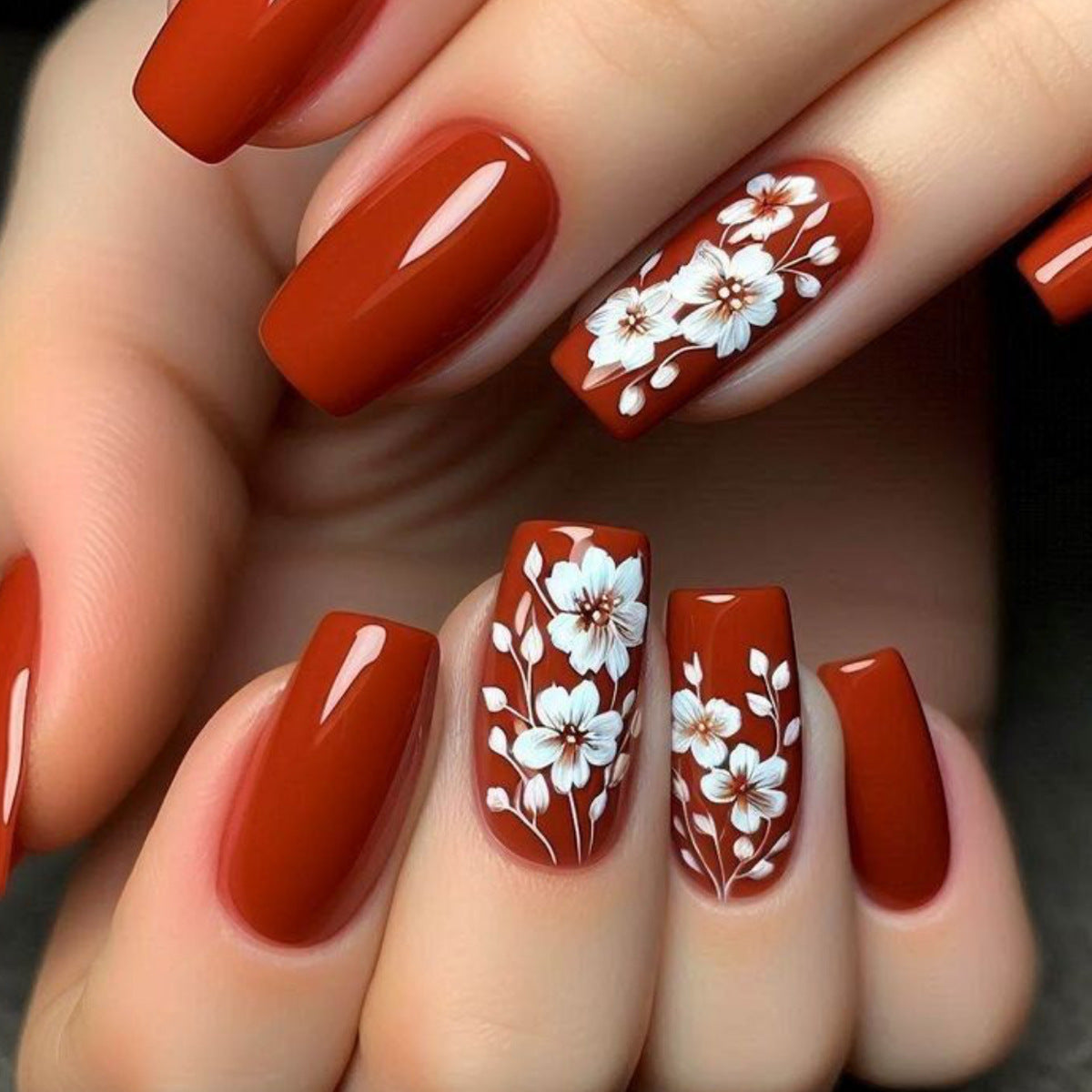 Garden Blossom Elegant Long Square Red Floral Press On Nail Set