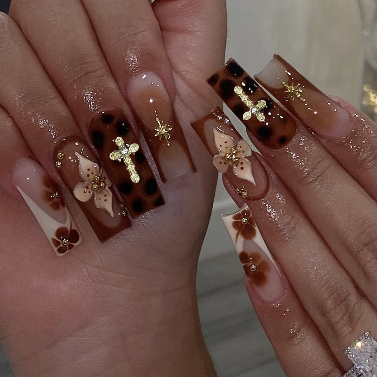 Wildflower Dream Long Square Brown Chic with Gold Accents and Floral Details Press On Nail Set