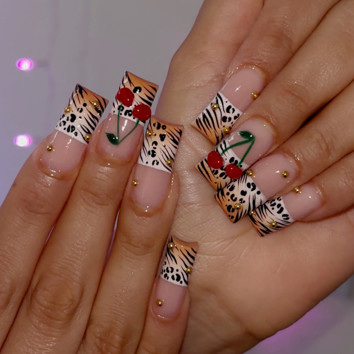 Safari Chic Long Square Glossy Orange and White Nail Set with Leopard Print and Cherry Accents