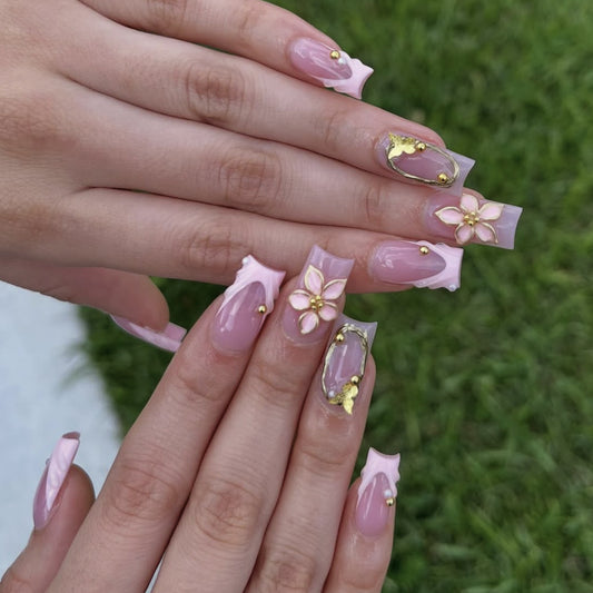 Blossom Dream Pink Square Long Press On Nail Set with Floral Embellishments and Gold Accents