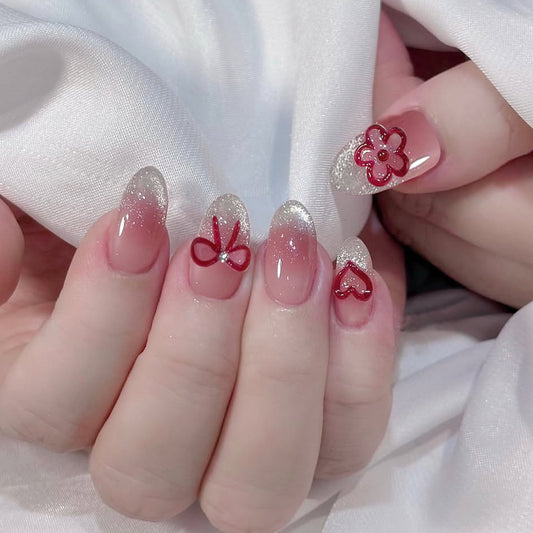 Charming Blossom Inspired Elegant Ombre Short Oval Rose Gold Glitter Press On Nail Set with Floral Accents