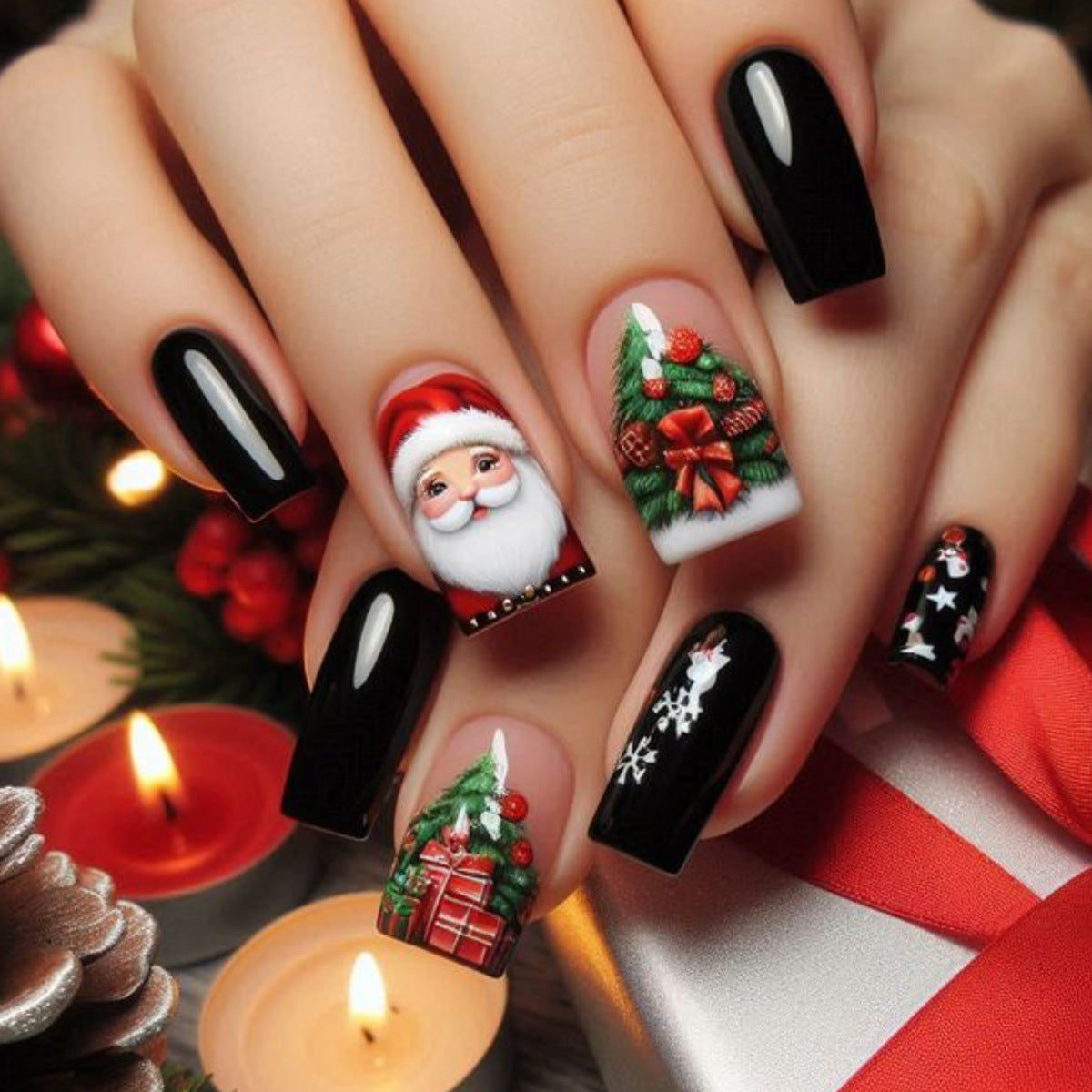 Festive Wonderland Long Square Black Press on Nail Set with Christmas Character Design