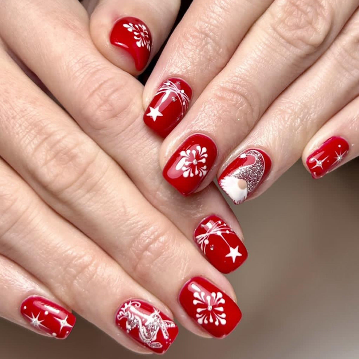 Festive Charm Medium Square Red Glossy Press-On Nail Set with Unique Sparkling Designs