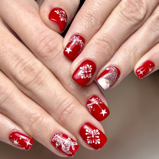 Festive Charm Medium Square Red Glossy Press-On Nail Set with Unique Sparkling Designs