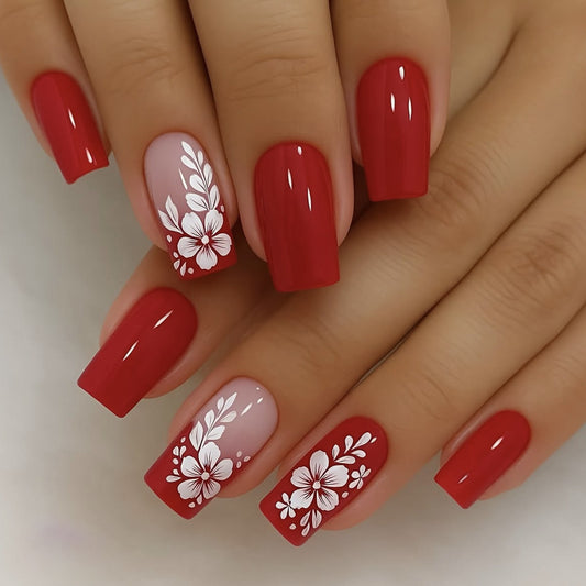 Blossom Elegance Medium Square Red Press On Nail Set with Floral Art Design