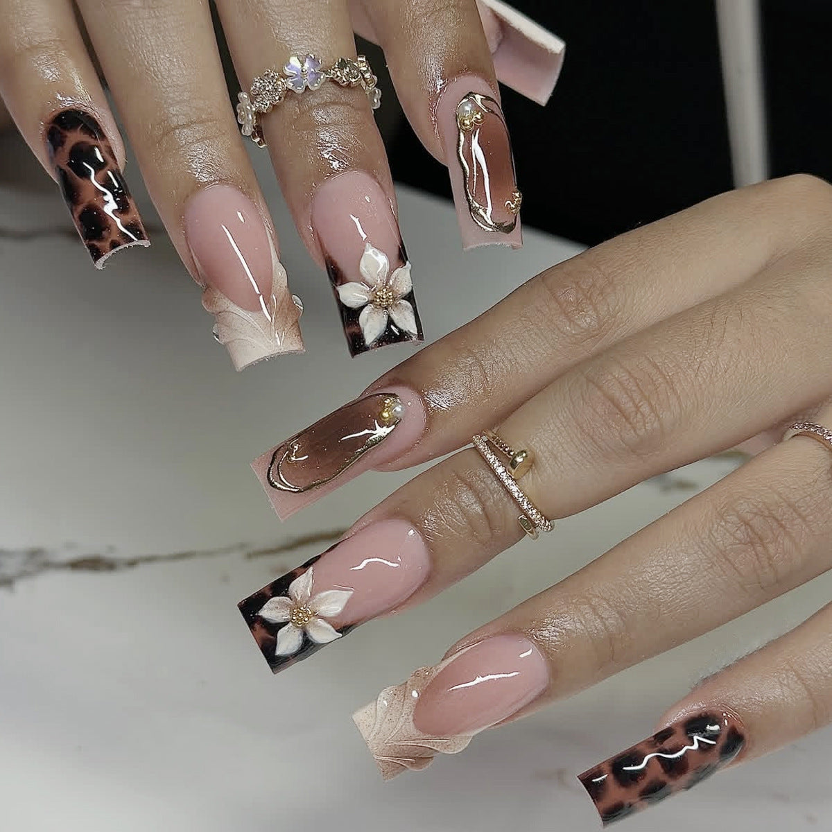 Bohemian Elegance Long Square Pink and Black Floral Design Press On Nail Set