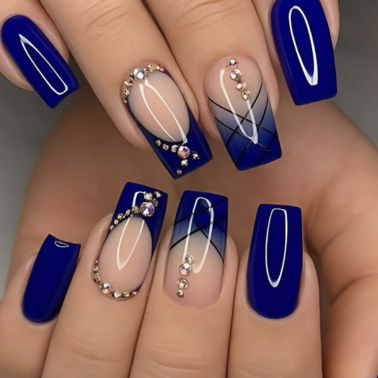 Mystical Ocean Vibes Long Square Glossy Blue Press-On Nail Set with Striking Jewel Accents