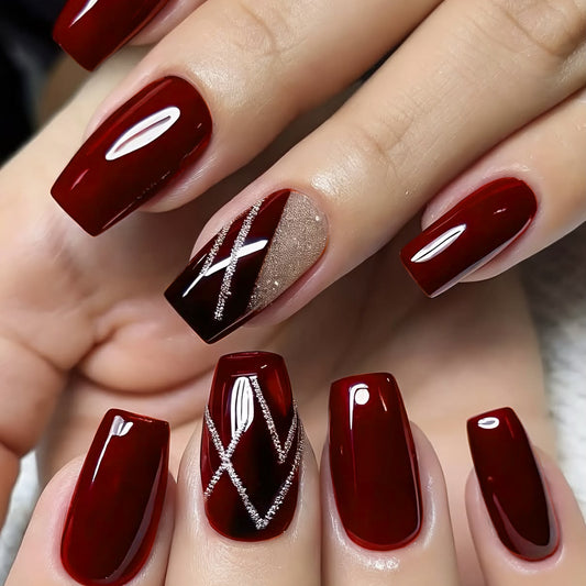 Glamorous Evening Elegance Long Square Deep Red Nail Set with Sparkling Accent Design