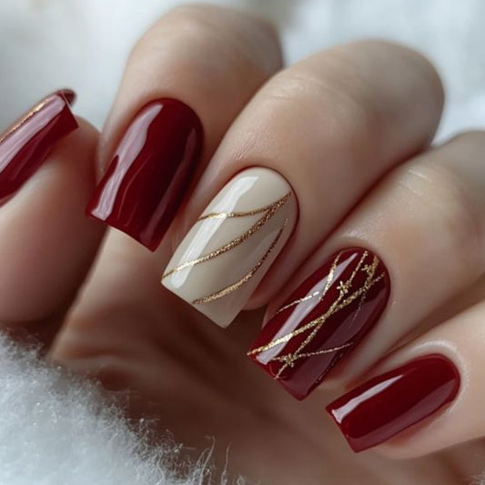 Glamorous Autumn Elegance Long Square Burgundy and Beige Press On Nail Set with Shimmering Gold Stripes