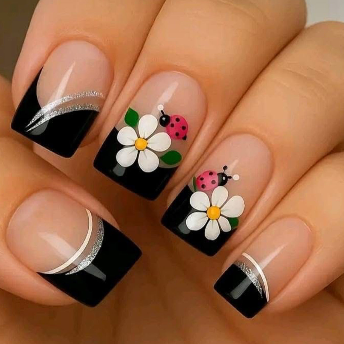 Garden Delight Long Square Black Floral Nail Set with Sparkling Accents