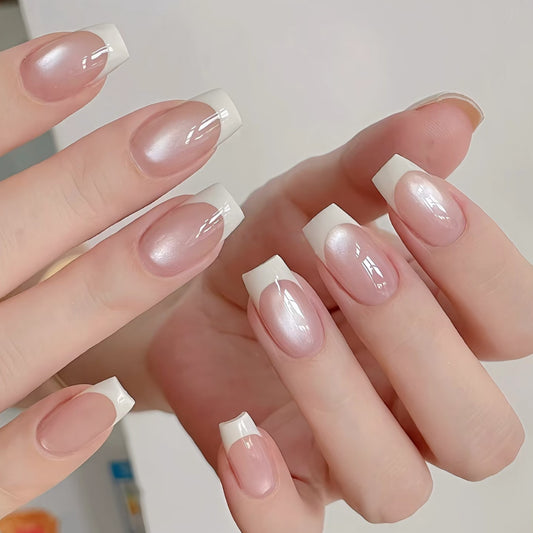 Elegance Unleashed Medium Square White Ombré French Tip Press On Nail Set