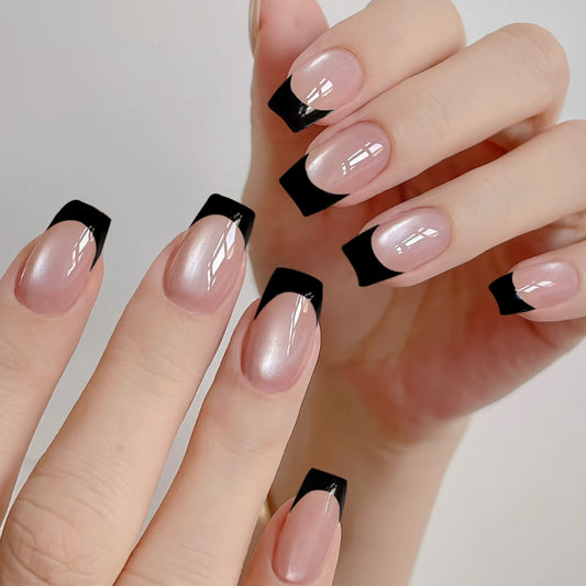 Gothic Elegance Long Square Pink and Black Ombre Nail Set with Glossy Finish