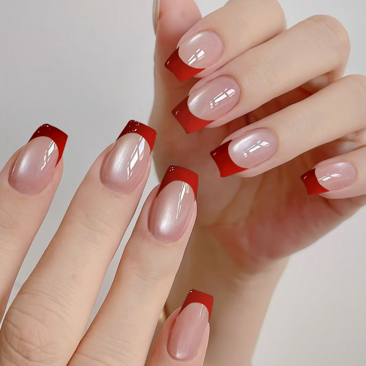 Chic Elegance Medium Square Red Tip Press On Nail Set with Glossy Finish