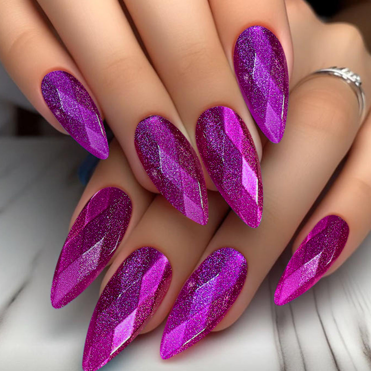 Enchanted Sparkle Long Almond Purple Glittering Press On Nail Set with Faceted Design