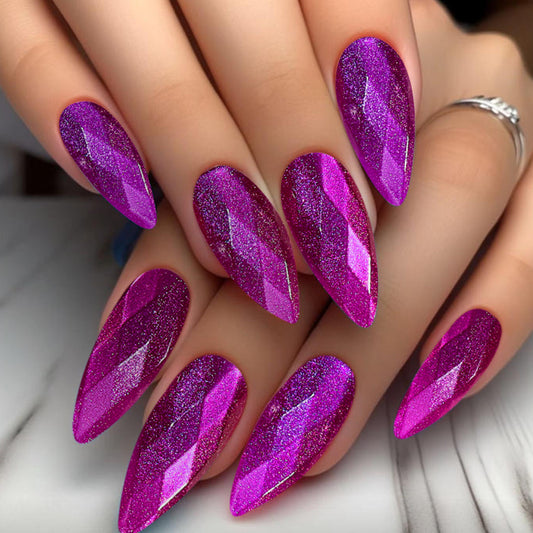 Enchanted Sparkle Long Almond Purple Glittering Press On Nail Set with Faceted Design