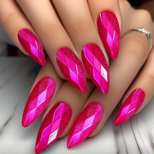 Celestial Glamour Long Almond Pink Glitter Nail Set with Dazzling Diamond Pattern