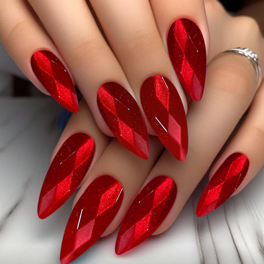 Glamorous Fantasy Long Almond Red Glittering Diamond Press On Nail Set