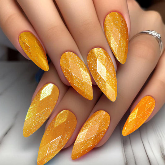Sunshine Sparkle Long Almond Yellow Glitter Press On Nail Set with Shimmering Gemstone Finish
