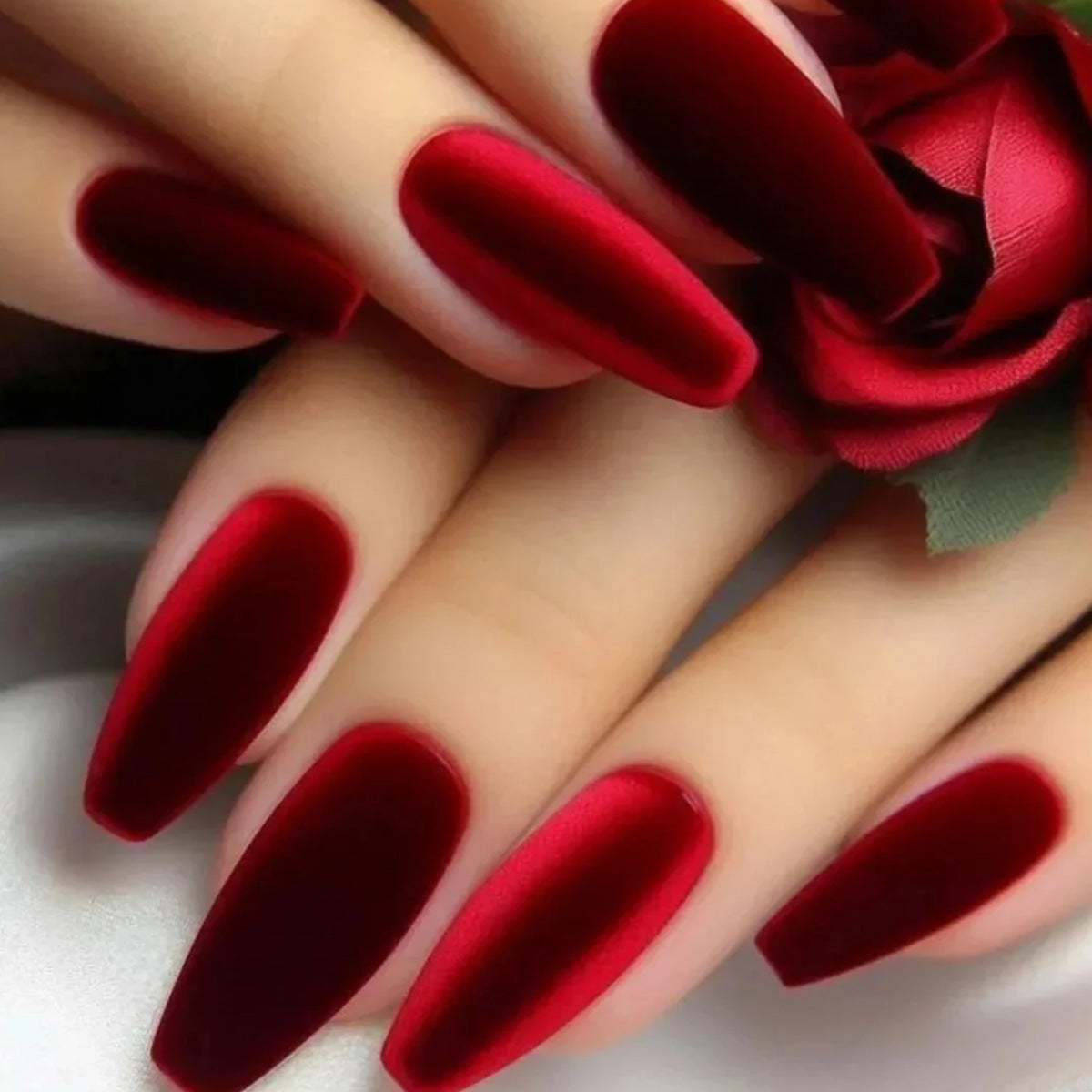 Romantic Elegance Long Coffin Red Velvet Press On Nail Set