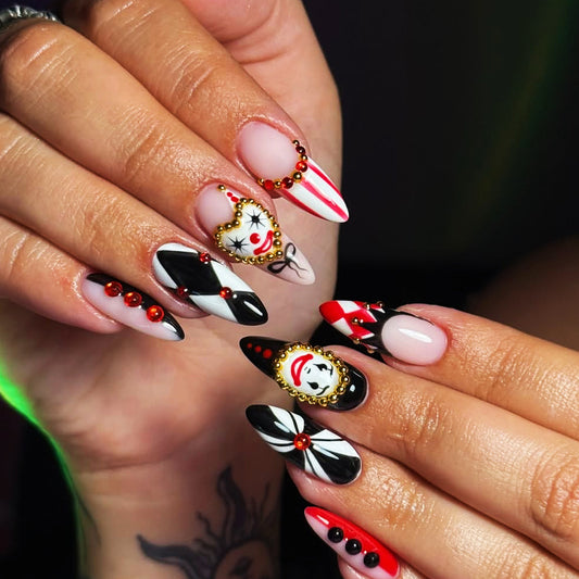 Carnival Glamour Long Almond Red Black White Press on Nail Set with Playful Clown Accents