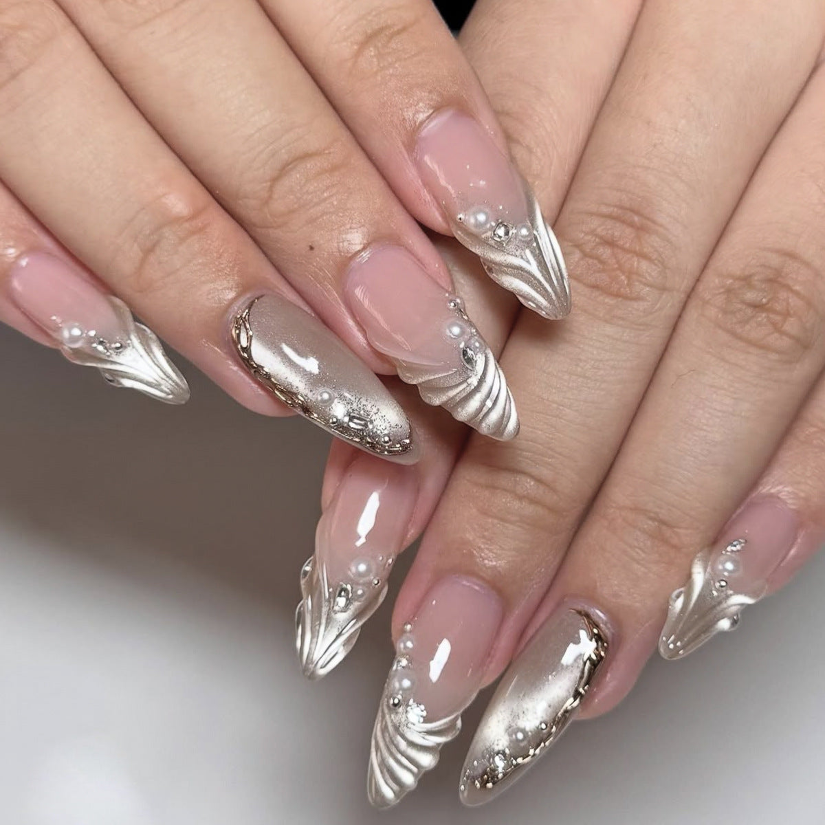 Elegant Ocean Inspired Long Almond Silver and Clear Press On Nail Set with Shell Design and Pearl Accents