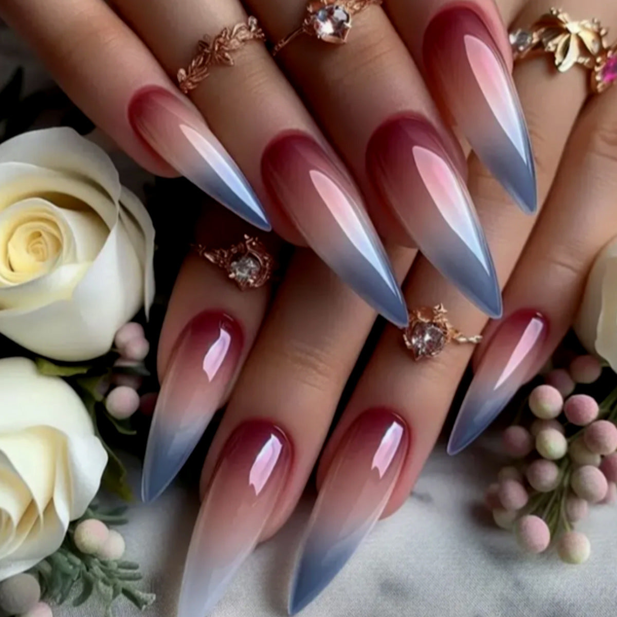 Whimsical Elegance Long Stiletto Gradient Pink to Blue Ombre Press On Nail Set with Glossy Finish
